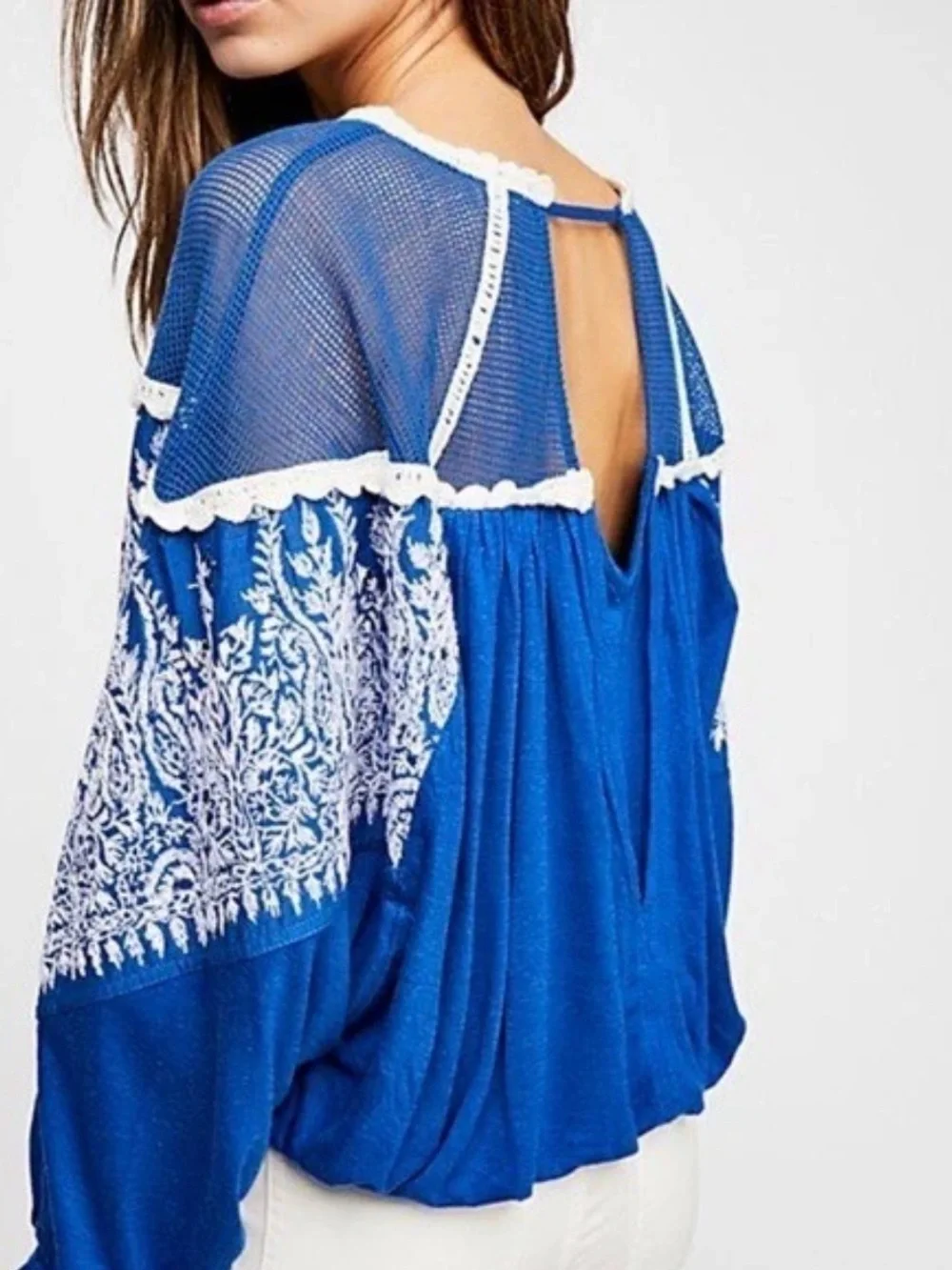 Free People Royal Blue Embroidered Mesh Yoke Tunic